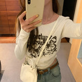 Print Pleated Long-Sleeved T-Shirt Women's New Autumn Design Short-Style Bottomed Shirt With