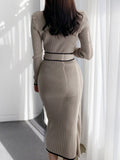 Stand Collar Contrast Bandage Long Sleeve Women Knitted Dress Autumn Korean Fashion Casual Knit Bodycondresses
