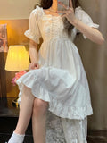 Elegant Women Sweet Lolita Dress 2022 Summer Square Collar Bandage White Princess Dresses Short Sleeve Ruffles