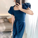 Elegant Midi Short Puff Dress For Women Bodycon Casual Femme Fashion Clothing