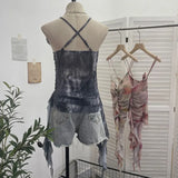 Lotus Leaf Side Flower V-Neck Sling Vest Dyed Mesh Cross-Sleeveless Top