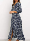 Chiffon Long Dress Floral Print Lantern Sleeve A-line Maxi Vestidos Autumn New Elegant Vintage V Neck Winter