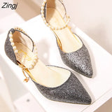 Pointed toe Pearl High heels shoes Female Fashion hollow with Sandals Paillette of the Thin Breathable shoes Women