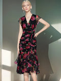 Lotus Leaf Waist Shows Lean Temperament Lady V Collar Bag Hip Fishtail Chiffon Dress Fashion Dress