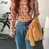 Women Floral Vintage Long Sleeve Basic Chic All-match Tee Folds O-neck Female Retro Tops Spring Autumn Chiffon