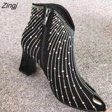 New Women Rhinestone Ankle Boots,Fashion Autumn/Winter Shoes,Shine Short Botas,Side Zip,Pointed