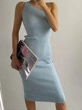 Zingj Slanting Shoulder Solid Color Knitted Dress Ins Xia Xian Slim Body Including Hip Middle Skirt Sleeveless