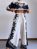 Printed Pants 2 Piece Sets Women Fashion O Neck Short Sleeved Cropped Tops And Wide Legs Pant Suits Lady Causal