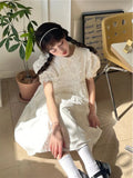 White Dress Women Summer Kawaii Midi Dresses Bow Preppy Style Sundress Ruffle Patchwork Peter Pan Collar Puff