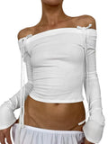 Bow Off Shoulder Skinny Tops for Women Autumn Winter Y2K Fashion Long Sleeve T-shirts Solid Basic Streetwear