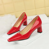 Zingj Fashion Simple High With Thick With Shallow Square Head Bright Patent Leather Commuting Versatile Women's Shoes Single