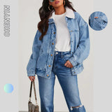 The Ins New Ladies Autumn Winter Jacket Denim Cotton Loose Wool Collar Large Lapel Double Insert Bag Quilted Coat-Outfit