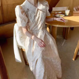 Zingj Chic Summer Age Reduction Doll Collar Bow Jacquard Waist Show Thin Bubble Sleeve Dress With Belt