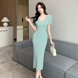 Zingj V-Collar Short-Sleeved Knitted Dress For Women In Summer, A Thin, Tight Waist, Slim, Slim, Medium-Length Hip