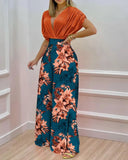 Two Piece Set Women Fashion V-neck Bat Sleeve Top Printed Wide-leg Pants Suit Casual Two Piece Set