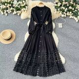 Retro Hollow Hook Lace Splicing Bow Strap With Waist Single Buckle Over Knee Dress New Autumn
