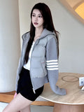 Autumn And Winter New Small Hooded Four Bars Down Jacket Female 2024 Korean Version Of Knit Sleeve Splicing Yoga Clothing Tide-Outfit