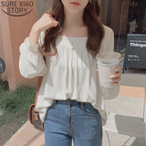Puff Sleeve Pullover Top Autumn New Long Sleeve Loose Shirt Women Square Collar Cotton Blouse Women