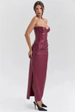 Burgundy Strapless PU Leather Maxi Dress- Outfit