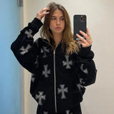 rhinestone graphics Oversized Hoodies Female Zip Up Long Sleeve Women's Sweatshirt Y2K Aesthetic Winter Grunge
