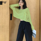 Sleeve T-shirts Women Crop Top Solid Thin Sun-proof Korean Style Loose All-match Teens Chic Ins Womens Trendy Ulzzang