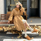 Ling Ge Knitting Collar Long Down Jacket Female 2024 Winter Fashion Thick Thin Belt Waist Show Thin Over The Knee Coat Tide-Outfit
