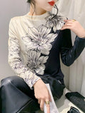Turtleneck Pleuche T-shirt Women Sweet Printing Flowers Stretchable TShirts Lady Long Sleeve Soft Slim Tee Top