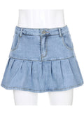 Pleated Mini Denim Skirt Women High Waist A Line Brown Micro Skirt Femme Girls Hot Jeans Skirts Grunge Bottom