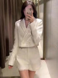 Fashion Single Buttons Cropped White Blazer Coat Vintage Side Pockets High Waist Shorts Female Chic Sets