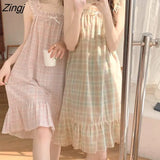 Women Plaid Sweet Lovely Summer Sleeveless Knee-length Casual Fashion Ulzzang Ladies Clothes Daily Summer