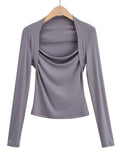 New Fashion Spring Women's Clothes Solid Skinny Sexy Tops Lust Fake Two Long Sleeve Deep Square Collar