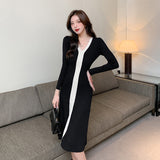Zingj And Winter V-Neck Collision Color Sweater Skirt Over Knee Waist Slim To Show Thin French Slit Knitted Skirt Women's Medium And Long