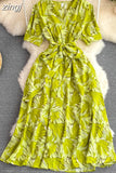 Green/Yellow/Red Printed Midi Dress Vintage V-Neck Short Sleeve High Waist A-Line Casual Vestidos Elegant Female