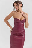 Burgundy Strapless PU Leather Maxi Dress- Outfit