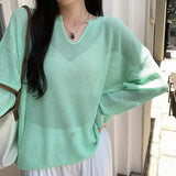 Fragrant Wind V-Collar Hollowed-Out Long-Sleeved Sweater Women's Spring And Autumn New Loose Meat Sunscreen Thin Air Conditioner