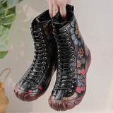 Zingj And Winter New Flat-Soled Women's Boots National Style Leather Printing Medium-Tube Martin Boots Warm And Comfortable Cotton