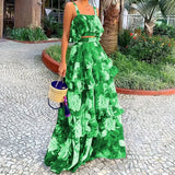 Women's New Fashion Floral Blouse Sling Lotus Leaf-Side Cake Dress Suit For