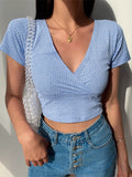French retro floral V-neck short-sleeved T-shirt Slim slimming wild high waist T-shirt women's