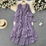 Fairy Seaside Resort Chiffon Long Dress Women's Lotus Leaf Lace V-neck Temperament Crimped Waist Slim