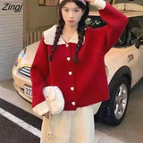 Pan Collar Sweaters Women Autumn Panelled Ins Knitted Cardigans Vintage Simple Long Sleeve Fashion Casual Sueters