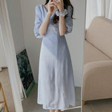 Zingj Chic Summer Elegant Temperament V Collar Texture With Lantern Sleeve Blue Chiffon Dress Long Skirt