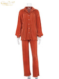 Causal Loose Home Suit Autumn Long Sleeve Blouse With High Wasit Pants Set Women Elegant Pleated Beige 2 Piece Pant