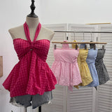 Shot Shoulder Cross Hanging Neck Knitting Mesh Yarn Coat Irregular Ribbon Horn Long-Sleeved T-Shirt