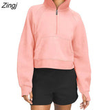 Women‣s Stand Collar Pullovers Long Sleeve Solid Color Half Zip Front Pocket Sweatshirts Spring Autumn Loose