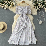 Zingj Dress Female Summer French Grandiflorum One Word Shoulder Short Sleeve Fairy Dress Super Fairy Tea Break Slit Over The Knee Long