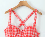 Red Plaid Plaid Dot Ruched Mini Dress- Outfit