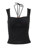 Black Square-neck Halter Tank Top Sexy Slim Pleated Backless Summer Crop Tops 2023 Women Sleeveless Bodycon