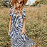 Elegant V-Neck Single Breasted Women's Dress High Waist Navy Blue Short Sleeve Striped