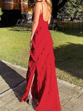 Vintage Halter Backless Slit Ruffle Maxi