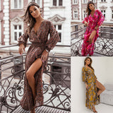 Zingj Women's Dress Dress Print V-Neck Sexy Slit Long Sleeve